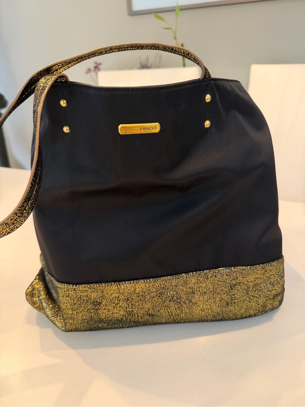 Rebecca Minkoff Black and Gold Metallic Trim Tote